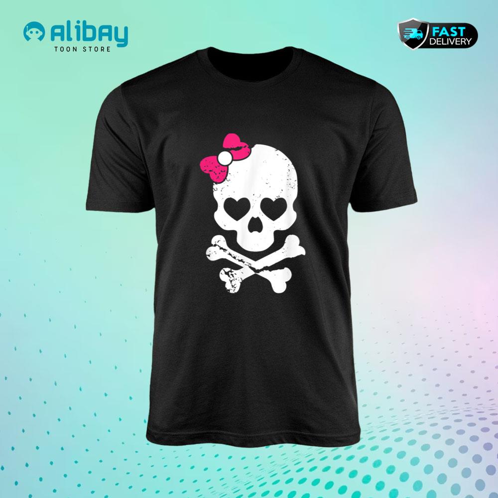 Cute Skull and Cross bone Pink Bow Tie Women Girls Adorable T-Shirt