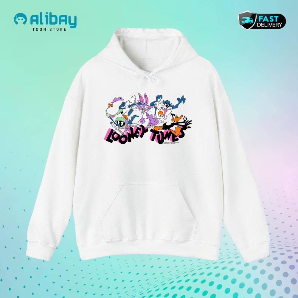 Looney Tunes Pink Logo with Running Characters Hoodie